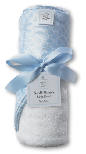 Image of SwaddleDesigns Cotton Terry Velour Hooded Towel for Baby /Toddler, Absorbent with Satin Trim, Absorbent with Satin Trim, Pastel Blue Mini Mod Circles