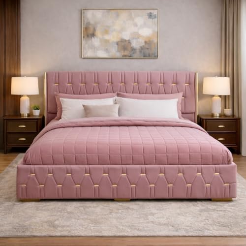 Image of Royal Aura Upholstered Queen Size Bed with Box Storage for Bedroom | Elegant Wooden Double Bed with Storage | Platform Cot Palang with Tufted Headboard | 6.5 x 5 Ft | Sheesham Wood | Pink