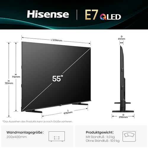 Hisense 55E7Q 55 Inch 4K UHD QLED TV, Smart TV, Game Mode Plus, Filmaker Mode, Dolby Vision Atmos, HDR10, HLG, HDR Immersive, AI 4K Upscaler, Dolby MS12, DTS X, Voice Control (2025)