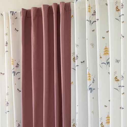 Image of Tranquebar Curtain Co. Window Curtains 5 Feet, 60-65% Room Darkening, Yellow Butterfly & Floral Print, Cotton Curtains for Window, Cotton Curtains 5 Feet Set of 3, BackTabs, Titli Red Combo (152 cm)