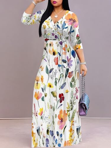 Image of Plus Size Maxi Dress for Women V Neck Flowy Dresses with Pockets for Wedding Guest Church