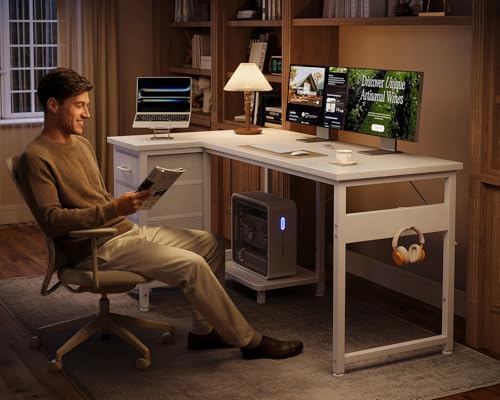 AODK ゲーミングデスク 引き出し4杯付き パソコンデスク pc置き台 l字デスク ゲーミングテーブル デスク 幅120 机 pcデスク 勉強机 収納 ワーク オフィスデスク 仕事用 在宅勤務 desk 組立簡単 ホワイト [2]