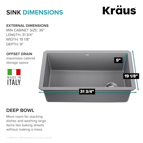Kraus KGU-55GREY Forteza™ 32 Inch Undermount Single Bowl Granite Kitchen Sink In Grey thumb #2