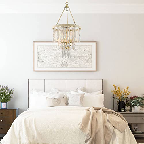 Boho White Wood Bead Chandelier,4-Lihgt Coastal Beaded Chandeliers,Hemp Rope Mordern Farmhouse Chandelier Light Fixture Celing Hanging Lights For Dining Room Living Room Bedroom Hallway #TOP1