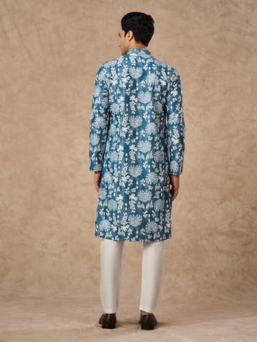 Image of Manyavar Men's Cotton Blend Floral Print Full Sleeves Long Kurta Pyjama Set (2pcs)