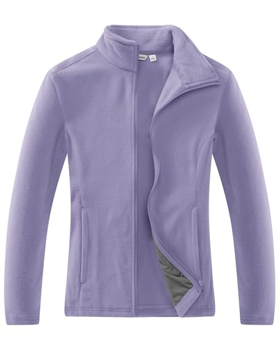 33,000ft Damen Fleecejacke mit Durchgehendem Reißverschluss Stehkragen Damen Leichte Fleece Jacke Antistatische Outdoor Damenjacke für Wandern und Freizeit, Hellviolett L