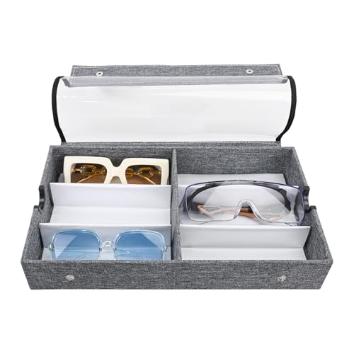Image of Ikee Design 2 Pcs Set Large 6 Slot Eyewear Storage Organizer Box Display Case Holder, Durable Eye Glasses Storage for Eyeglasses, Watches and Jewelry 13 3 /8 W x 7 3 /4 D x 2 1 /4 H in, Gray Linen