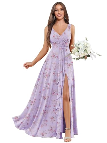 Image of BOLENSYE Chiffon Bridesmaid Dresses Sleeveless Long Floral Lilac V Neck Pleated Formal Dress with Pockets Size6