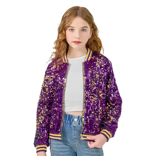 Image of LOLANTA Girls Sequin Jacket, Long Sleeve Kids Bomber Coats with Pockets, Spring Fall Outfits for 4-15 Years