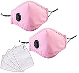 2 Pack Reusable Cotton Cover with Breathing Valve, Feeke Washable Cotton Cloth Adjustable Ear Loops with 4 Pcs Filters for Men and Women (Pink)