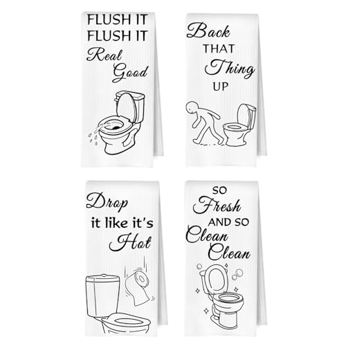 ERYBHKRTYH Funny Bathroom Hand Towels Set - Funny Bathroom Decor, Humorous Toilet Quotes Waffle Decorative Hand Towels for Bath Room Washroom Restroom Toilet, 16 x 24 Inches Set of 4