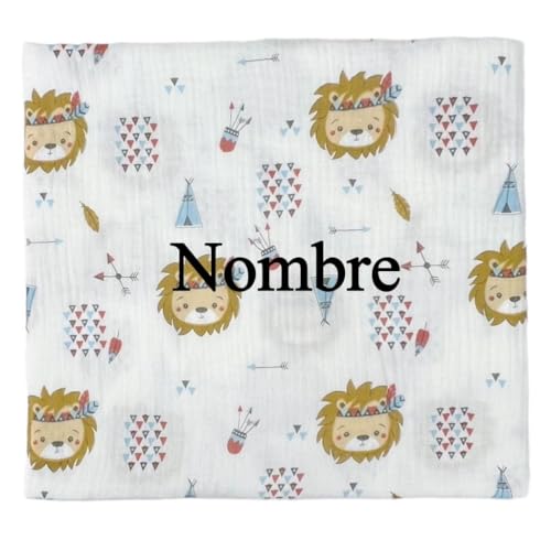 CARREDANA Manta guarderia con Nombre .Manta Personalizada 130x120cm.Personalziable con Nombre.Sabana encimera/Manta guarderia (Muselina Leones)