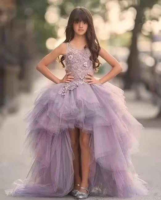 Tulle Kids Prom Dress Flower Girls Dress High Low Lace Applique Princess Pageant Gowns with Train3