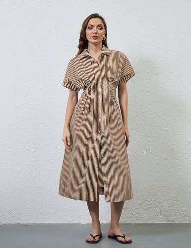 Women Striped Button Down Shirt Maxi Dresses Summer Pleated Short Sleeve Collar Casual Corset Long Dress Brown2