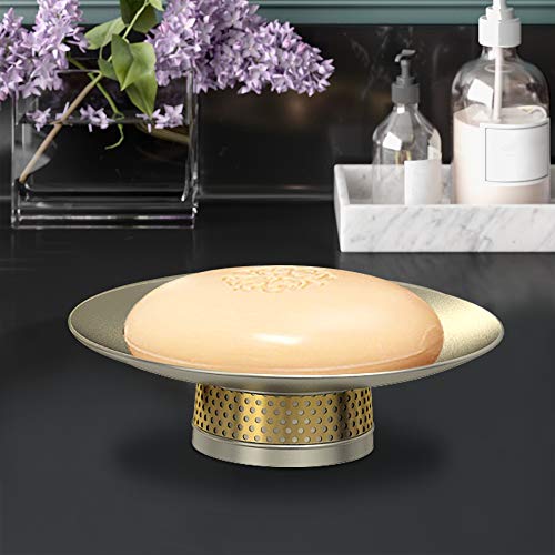 Nu Steel Selma Decorative Steel Bar Soap Dish Tray For Bathroom Vanities, Countertops, Pedestals, Kitchen Sink - Store Hand Soap, Pumice Bars, Sponges, Scrubbers - Pewter & Gold Finish #TOP4