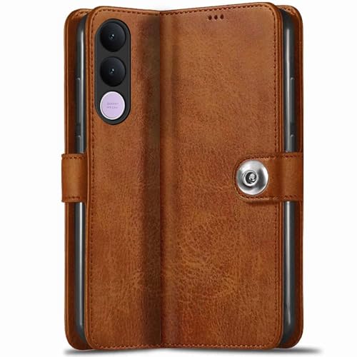 Image of TheGiftKart Genuine Leather Finish Flip Back Cover Case for Vivo V70 FE 5G | Inbuilt Pockets & Stand | Wallet Style | Designer Button Magnet Flip Back Cover Case (Faux Leather, Brown)