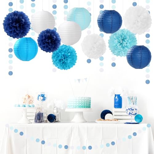 Image of Blue-White Birthday Party-Decorations Paper-Flowers Lanterns - 15PCS Light Royal Tissue Pom Poms Streamers,Classroom Ocean Themed Baby Bridal Shower Bachelorette Wedding Hanging Supplies Decor Hugfond