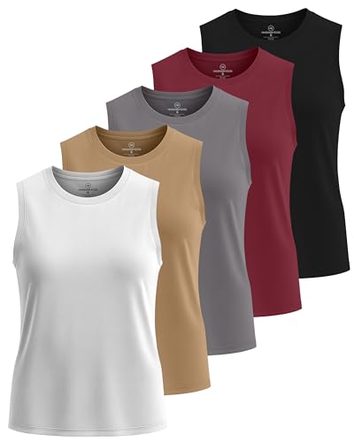 Real Essentials 5 Pack: Women's Dry-Fit Tank Top - Racerback Sleeveless T-Shirt Athletic Workout Gym Shirt (Plus Available)