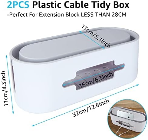 SENENQU Pack of 2 Plastic Cable Management Box, White Large Desk Cable Tidy Box with Grey Lid, TV Cable Wire Extension Wire Tidy Organiser Box for Home Office  32 x 13 x 11.5cm