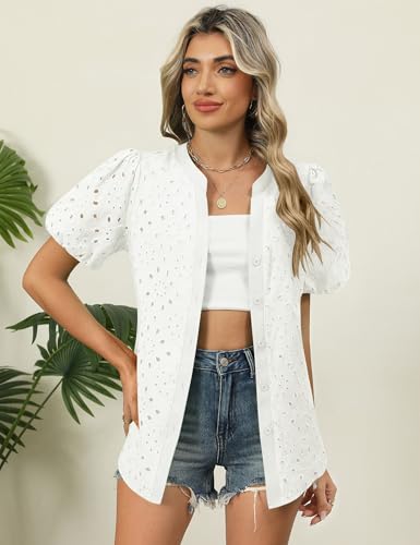 Rapbin Blouses for Women Dressy Casual V Neck Short Sleeve Eyelet Summer Tops Button Down Lace Embroidered Shirts4