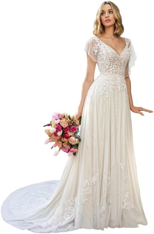 Lace Appliques Boho Wedding Dresses for Bride Fare Sleeve Tulle Long Beach Bridal Gown for Women LAW109