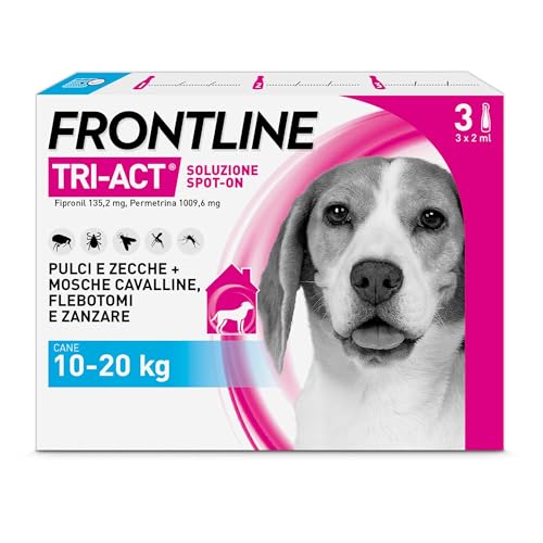 FRONTLINE Triact, 3 Pipette, Cane M (10-20Kg), Antiparassitario per Cani e Cuccioli di Lunga Durata, Protegge il Cane da Pulci, Zecche, Zanzare, Pappataci e Leishmaniosi, Antipulci 3 Pipette