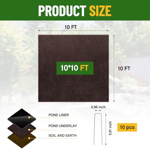 Image of Fanfanwin 10 x 10 ft Pond Liner Underlayment with 10 U-pins, 6oz, Brown
