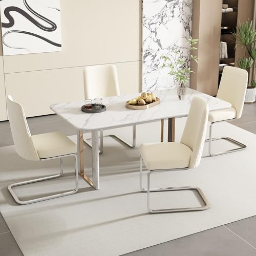 Merax Lot de 4 chaises cantilever, à bascule, en velours beige et argent, pieds de support métal, salon et chambre
