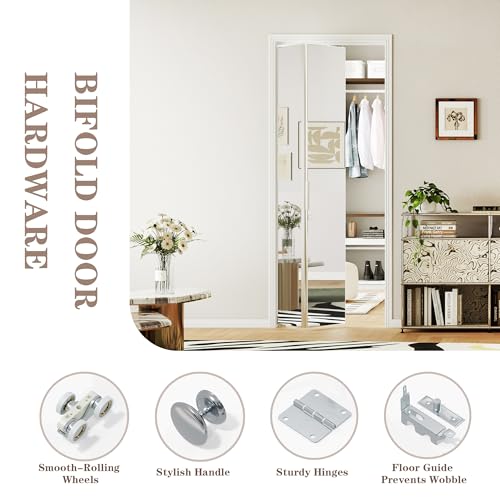 Image of Bifold Door for 30 inchx80 inch Opening, Preassembled Aluminum Alloy Mirrored Folding Door with Hardware Kit Included, Interior Bi fold Barn Door for Bedroom & Closet, Silver