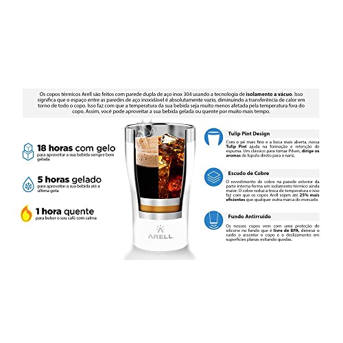 Copo térmico de cerveja ARELL|500ml com fundo transparente e escudo de cobre