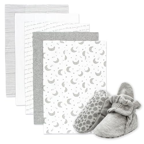 Image of Zutano Newborn Unisex Gift Set | 5 Pack Organic Burp Cloths and Cotton, Stay-On Baby Booties, Bundle, Heather Gray & Moons, 3M