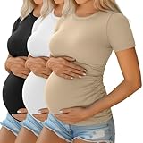 Ficerd Paquete de 3 Camisetas de Maternidad de Algodón, Manga Corta, Arrugas Laterales, Tejido Canalé(Caqui, Blanco, Negro,M)