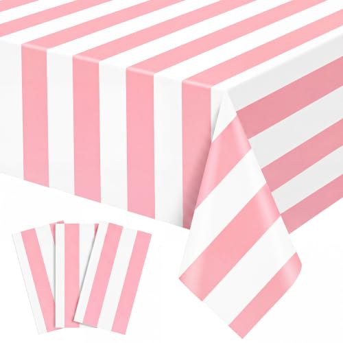 Image of 3 Pack Pink Striped Tablecloth, 54 x 108Inch Pink and White Striped Tablecloth Pink Carnival Theme Party Decorations Waterproof Plastic Table Cloth for Birthday Picnic Baby Shower Wedding Halloween