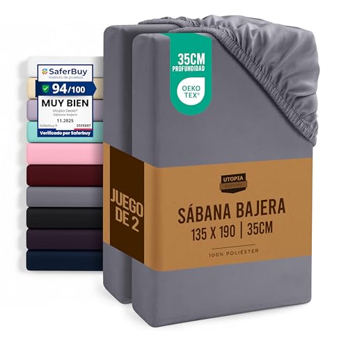 Utopia Bedding Juego de 2 Sabana Bajera 135x190 - Gris - Bolsillo Profundo - Microfibra Cepillada (Cama 135)