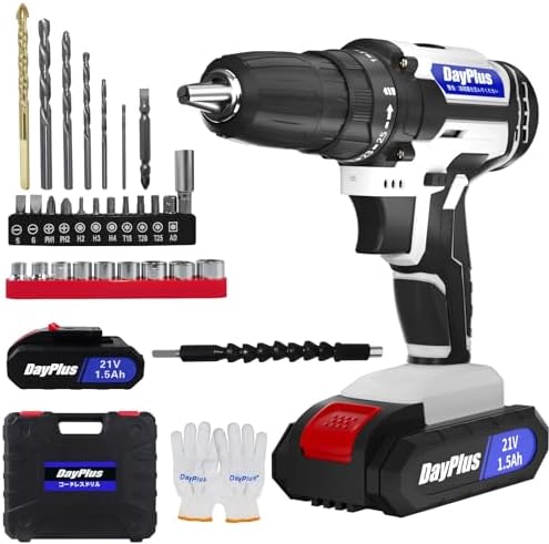 DayPlus 電動ドライバー 電動ドリル 21V 最大45N・m 25+1段階トルク調節 充電式ドライバー 軽量 スピード調節機能 正逆転切替 LEDライト付き 初心者でも使いやすい DIY家具組み立 電動工具