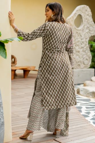 Image of MIRCHI FASHION Women's Straight Fit Pure Cotton Embellished Floral Printed Kurta Set with Dupatta and Trouser