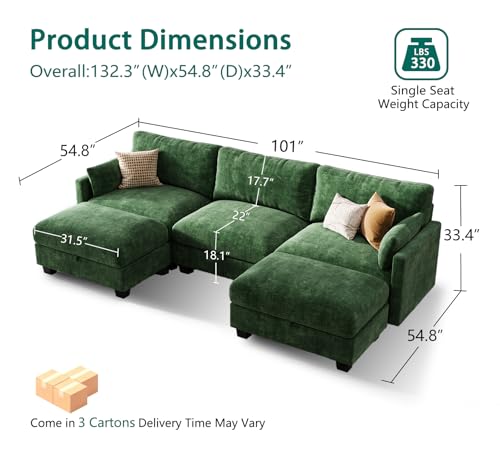 Image of Modular Sectional Sofa, 101 inch U Shaped Couch with Storage | High Resilience Foam, 22 inch Seat Depth, Movable Ottoman, Comfy Chenille, Easy Assembly, Green