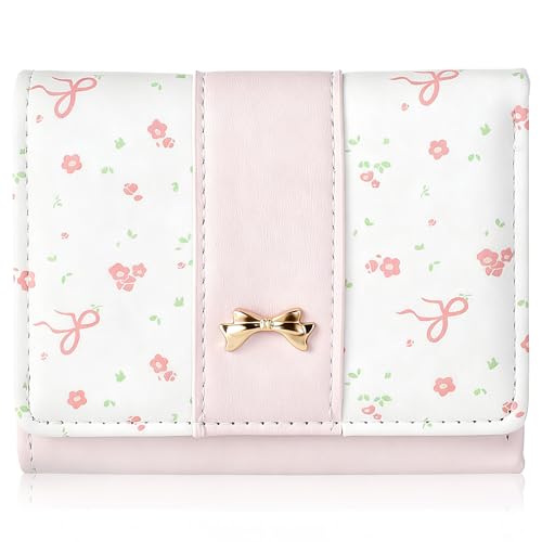 Josojoou Floral Coquette Bow Small Wallet Floral Bow Cute Wallets for Women Cute and Fashionable Small Pink Wallet for ID Card Credit Card Gift Cards Coins Cash Suitable for Women Girls