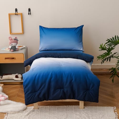 Image of Luxlovery Toddler Comforter Set Graident Blue White Boys Kids Boho Bedding Set Bed Set for Dorm 4 Pieces (1 Comforter, 1 Flat Sheet, 1 Fitted Sheet, 1 Pillowcase)