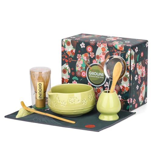 Giiouni Matcha Whisk Set, Ceramic Bowl with Spout, Bamboo Matcha Whisk & Spoon, Chasen Holder, Scoop Rest, Sifter, 8-Pcs Japanese Ceremony Matcha Powder Kit–Christmas Gift for Women-Matcha Green