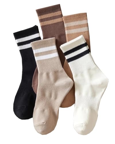 Image of Deeorla Womens Striped Crew Socks Brown Vintage Retro Athletic Socks 5 Pairs