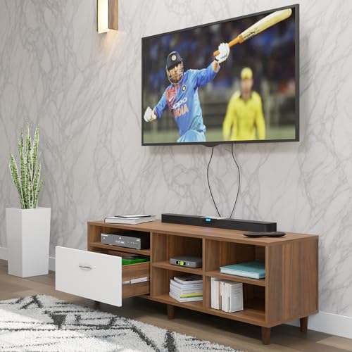 Image of VIKI Modern TV Unit for Living Room | Engineered Wood TV Cabinet with 1 Drawer Storage & 3 Open Shelves, Entertainment Unit, 140W x 48H x 40D cm | DIY | 1 Year Warranty (Walnut & White)