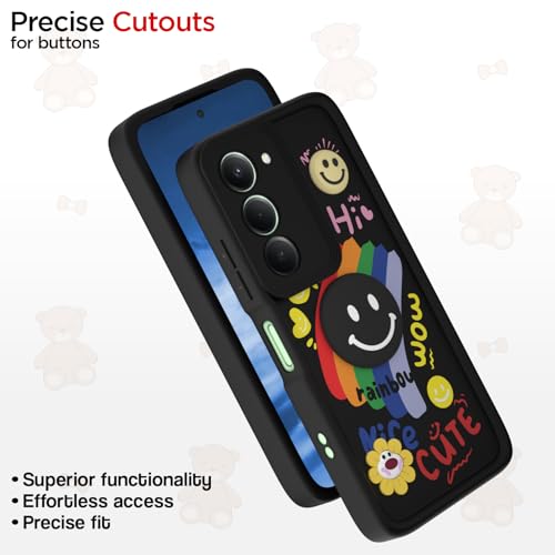Image of Pikkme Back Cover for Redmi 15 5G | Soft Silicone| Cute Rainbow Smile & 3D Cartoon Flower Design | Shockproof Raised Camera Protection Bumper Case (Black)