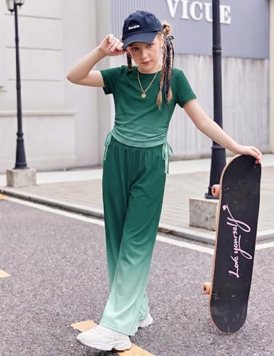 Image of Arshiner Girls 2 Piece Outfit Ruched Drawstring Tops and Wide Leg Pants Set