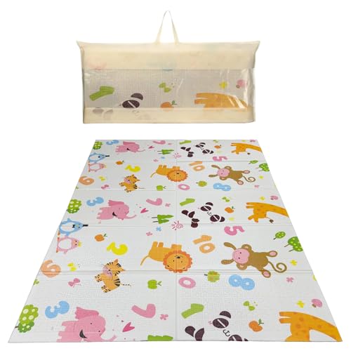 Baby Play Mat for Floor – Foldable Waterproof Foam Playmat for Babies & Toddlers – Large 200x180cm Reversible Non Slip Nursery & Playroom Mat – Animals and Numbers