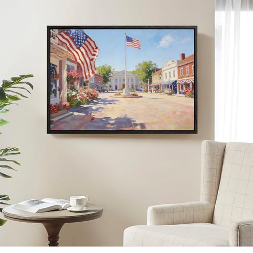Image of American Flag Framed Canvas Wall Art, 4th of July Red White Blue Canvas Prints, USA Flag with Small Town Street Patriotic Decorations, Independence Day Wall Decor for Bedroom Living Room 11x14