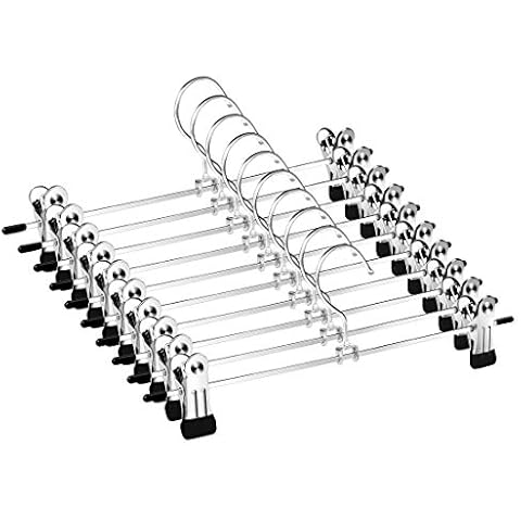Mutsitaz 10 Pack Trouser Hanger Strong Chrome Skirt Coat Hangers with Non-Slip Clips for Skirts, Pants and Jeans Cover