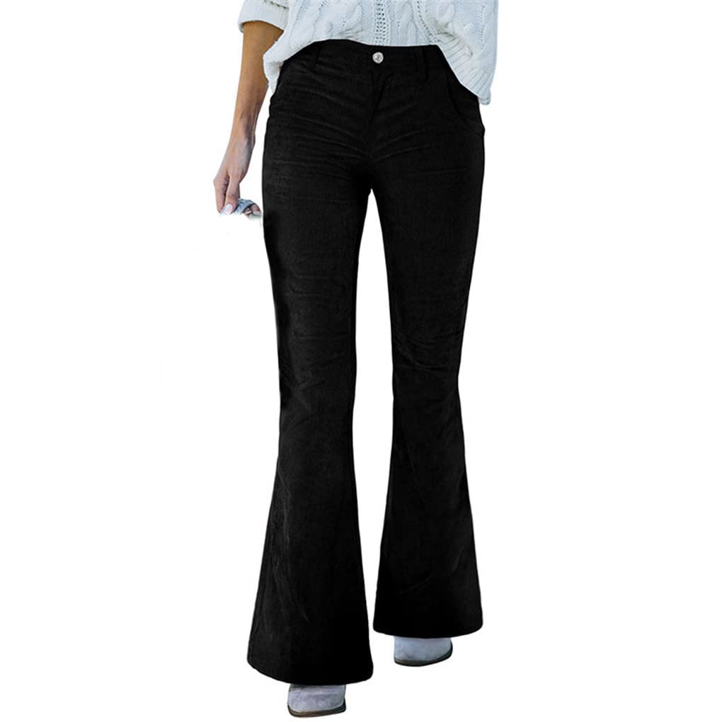 Pantaloni a gamba larga slim in velluto a coste stile ragazza pantaloni svasati casual primavera e autunno, Nero , XXL