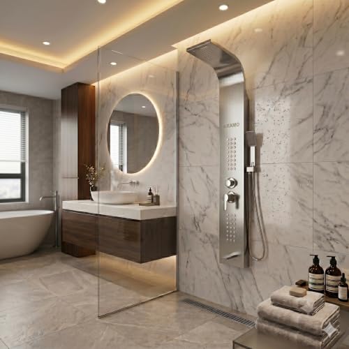 Image of ARAMO Shower Panel - Wave with Waterfall Shower, Massage Jet, 5 Water Functions (Chrome)