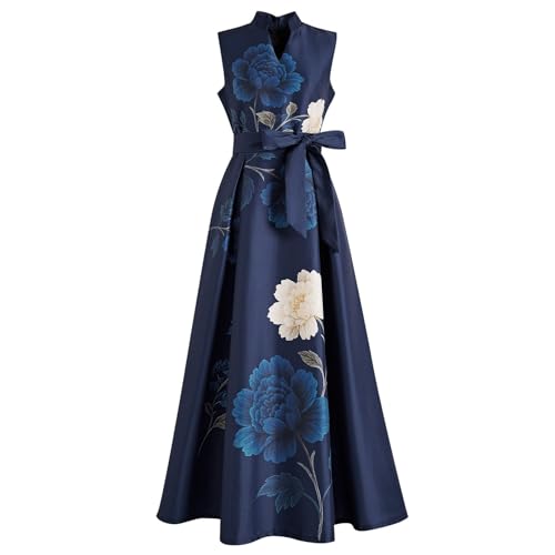 CHICWISH Women Peony Print Tie-Waist Sleeveless Maxi Dress Elegant V Neck A-Line Party Cocktail Dress with Pockets Petite Navy